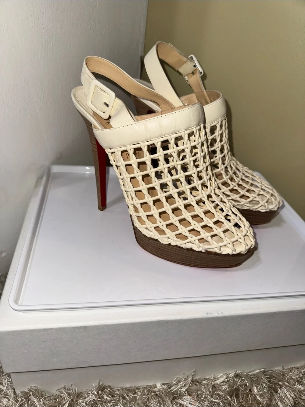 Christian Louboutin Cream Woven Slingback High-Heel Sandals
